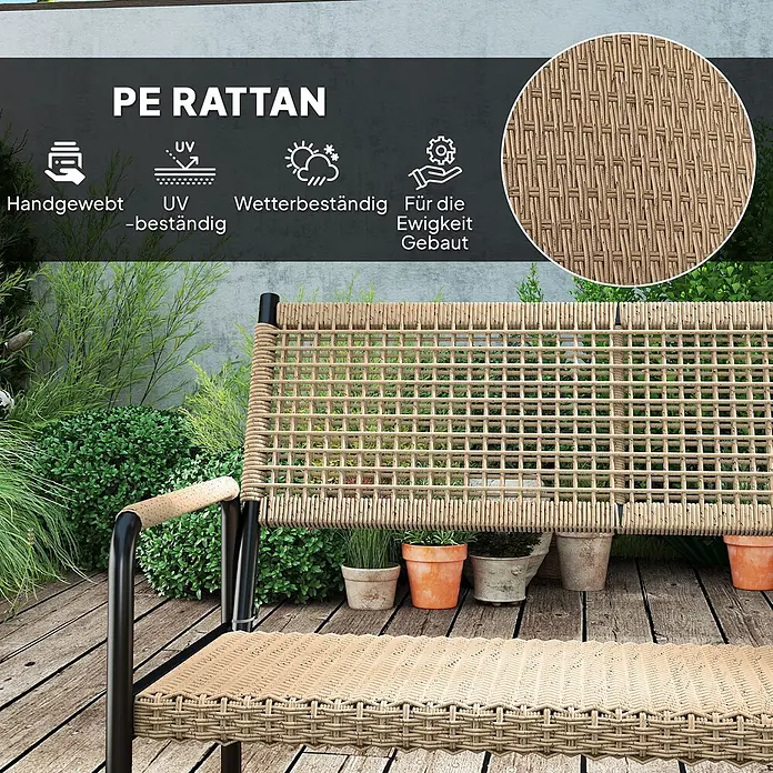 Outsunny Loungemöbel-Set - 4 -tlg., Stahl, PE-Rattan, Polyester, Gehärtetes Glas, Sitzkissen, Dunkelgrau - Hellbraune PE-Rattan-Gartenbank auf einer Holzterrasse, als handgewebt, UV- und wetterbeständig hervorgehoben.