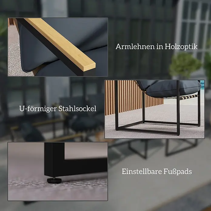 Outsunny Loungemöbel-Set - 4 -tlg., Stahl, Polyester, Schuamstoff, Holzwerkstoff, Sitzkissen, Grau - Details eines Gartenstuhls: Armlehnen in Holzoptik, U-förmiger Stahlsockel und verstellbare Fußpads.