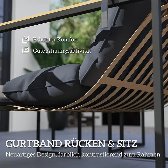 Outsunny Loungemöbel-Set - 4 -tlg., Stahl, Polyester, Schuamstoff, Holzwerkstoff, Sitzkissen, Grau - Detail eines modernen Stuhls mit hellem Gurtband für Rücken und Sitz, das dunkle Kissen stützt. Bietet Komfort und Atmungsaktivität.