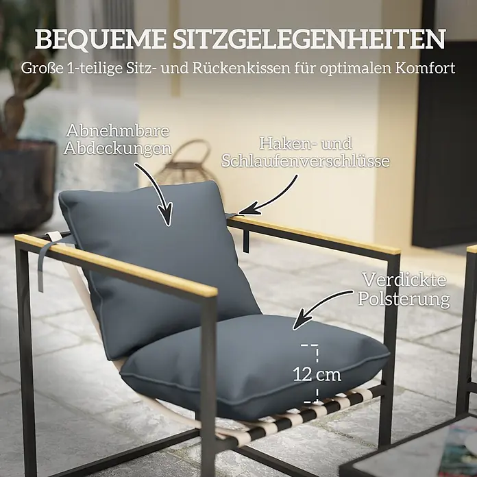 Outsunny Loungemöbel-Set - 4 -tlg., Stahl, Polyester, Schuamstoff, Holzwerkstoff, Sitzkissen, Grau - Gartenstuhl mit dickem, dunkelgrauem Kissen, mit Klettverschlüssen und abnehmbaren Bezügen für optimalen Komfort.