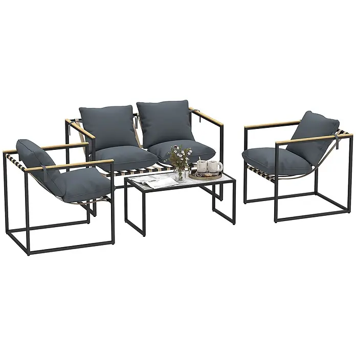 Outsunny Loungemöbel-Set - 4 -tlg., Stahl, Polyester, Schuamstoff, Holzwerkstoff, Sitzkissen, Grau - Moderne Outdoor-Lounge-Sitzgruppe mit Zweiersofa, zwei Sesseln und Couchtisch, mit schwarzen Metallrahmen, hellen Holzarmlehnen und dunkelgrauen Kissen.