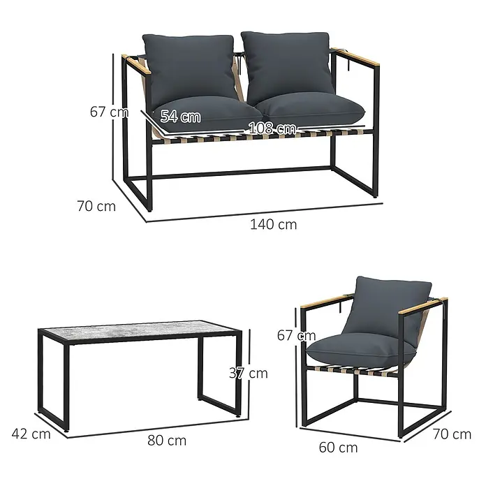Outsunny Loungemöbel-Set - 4 -tlg., Stahl, Polyester, Schuamstoff, Holzwerkstoff, Sitzkissen, Grau - Outdoor-Sitzgruppe mit schwarzen Metallrahmen, Holzarmlehnen, dunkelgrauen Kissen und Couchtisch mit grauer Platte, bemaßt.