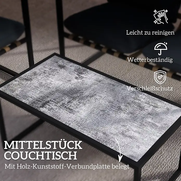 Outsunny Loungemöbel-Set - 4 -tlg., Stahl, Polyester, Schuamstoff, Holzwerkstoff, Sitzkissen, Grau - Grauer Couchtisch mit Holz-Kunststoff-Verbundplatte und schwarzem Gestell.