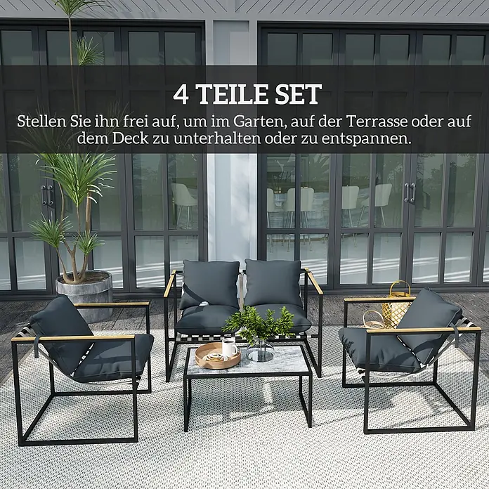 Outsunny Loungemöbel-Set - 4 -tlg., Stahl, Polyester, Schuamstoff, Holzwerkstoff, Sitzkissen, Grau - Ein 4-teiliges Outdoor-Möbelset mit dunklen Kissen und schwarzen Rahmen zum Entspannen auf Terrasse oder Deck.