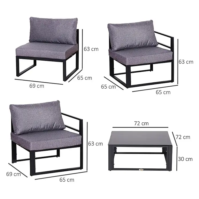 Outsunny Loungemöbel-Set 6-tlg. mit Beistelltisch - 6 -tlg., Hartglas, Wasser- und UV-beständig, Grau - Sitzgarnitur für den Außenbereich mit zwei grau gepolsterten Stühlen und einem schwarzen Couchtisch mit Glasplatte auf schwarzen Metallrahmen.