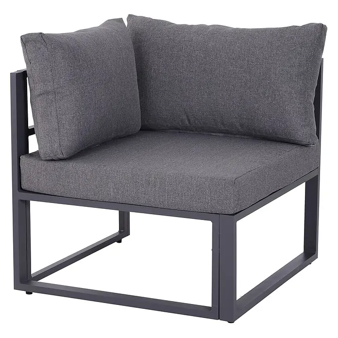 Outsunny Loungemöbel-Set 6-tlg. mit Beistelltisch - 6 -tlg., Hartglas, Wasser- und UV-beständig, Grau - Grauer Eckstuhl mit Polstern und dunkelgrauem Metallrahmen, für modulare Outdoor-Bestuhlung.