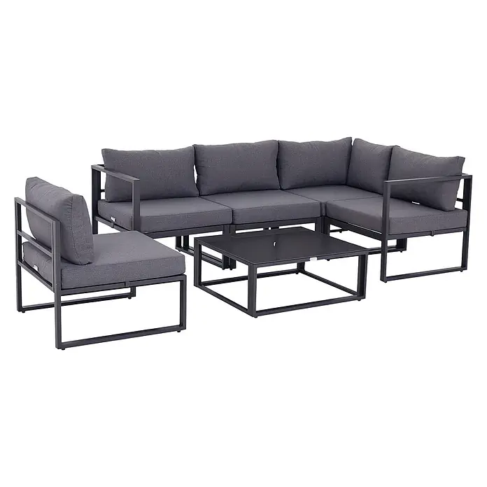 Outsunny Loungemöbel-Set 6-tlg. mit Beistelltisch - 6 -tlg., Hartglas, Wasser- und UV-beständig, Grau - Dunkelgraue Outdoor-Loungemöbel aus Metall mit L-förmigem Ecksofa und quadratischem Couchtisch mit Glasplatte und passenden Stoffkissen.