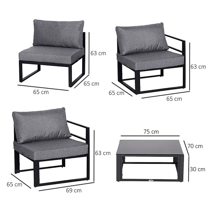 Outsunny Loungemöbel-Set 6-tlg. mit Beistelltisch - 6 -tlg., Hartglas, Wasser- und UV-beständig, Grau - Modulares graues Terrassensofa-Set mit schwarzen Metallgestellen und passendem Couchtisch, Maße gezeigt.