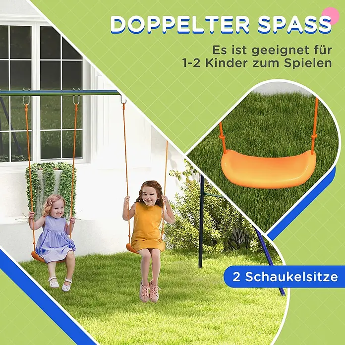 Outsunny Doppelschaukel - L x B x H: 269 x 160 x 180 cm, Kunststoff - Doppelschaukel mit zwei leuchtend orangefarbenen Sitzen, für 1-2 spielende Kinder im Freien.