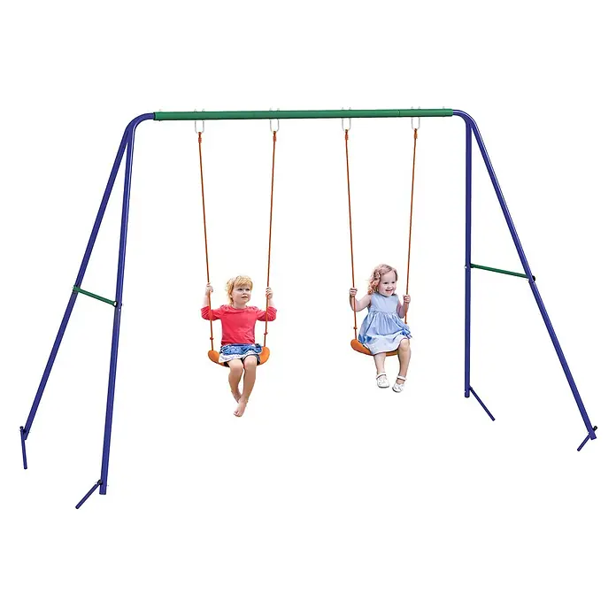 Outsunny Doppelschaukel - L x B x H: 269 x 160 x 180 cm, Kunststoff - Blau-grünes Metallschaukelgestell mit zwei orangefarbenen Schaukeln, auf denen zwei glückliche Kinder schaukeln.