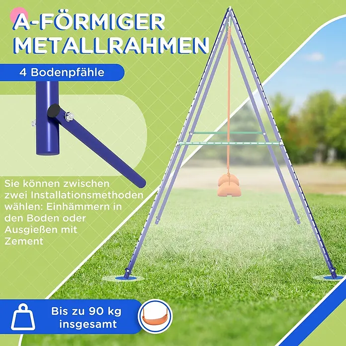Outsunny Doppelschaukel - L x B x H: 269 x 160 x 180 cm, Kunststoff - Blaues A-förmiges Metall-Schaukelgestell mit 90 kg Tragkraft.
