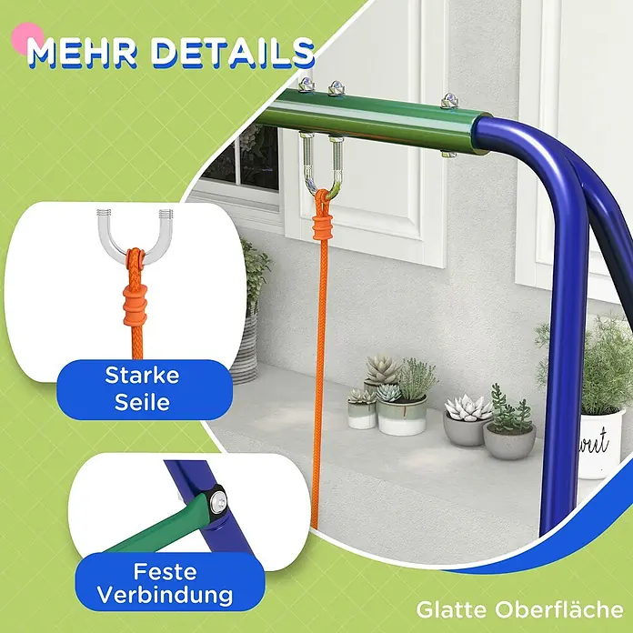 Outsunny Doppelschaukel - L x B x H: 269 x 160 x 180 cm, Kunststoff - Grün-blaue Schaukelgestell aus Metall mit orangem Seil, hebt starke Seile, feste Verbindungen und eine glatte Oberfläche hervor.