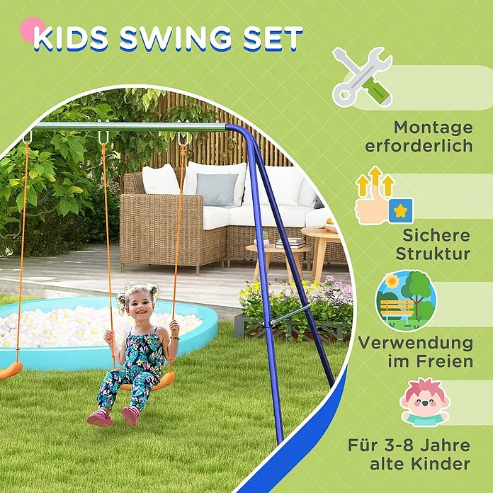 Outsunny Doppelschaukel - L x B x H: 269 x 160 x 180 cm, Kunststoff - Ein blau-grünes Metall-Kinderschaukelset mit orangen Sitzen, draußen von einem Kind im Garten genutzt.