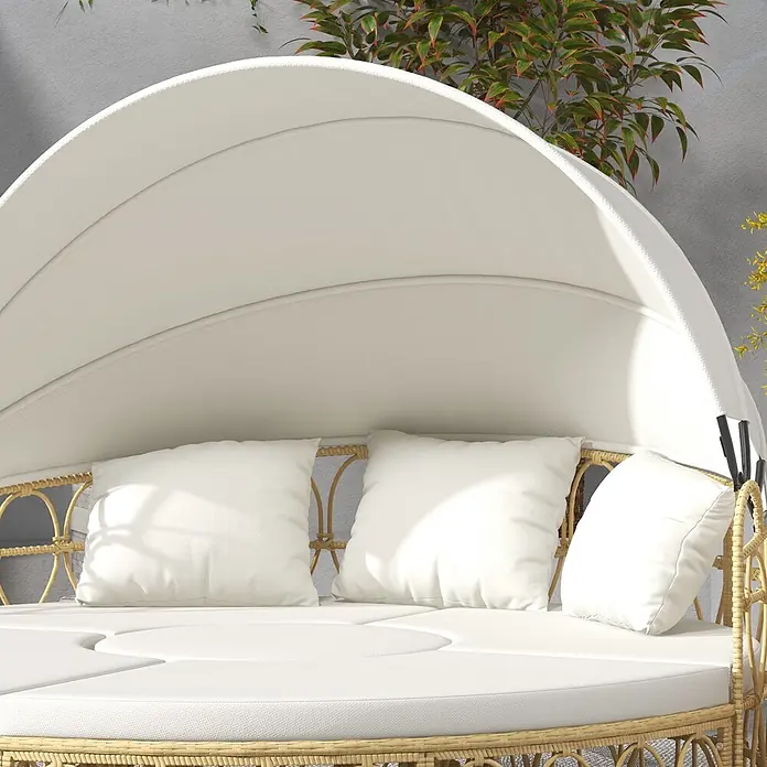 Outsunny Lounge-Insel - PE, Verzinkter Stahl, Polyester, Schaumstoff, Gelb, Cremeweiß - Rattan-Tagesbett für den Außenbereich mit weißer Stoffhaube und passenden Kissen.