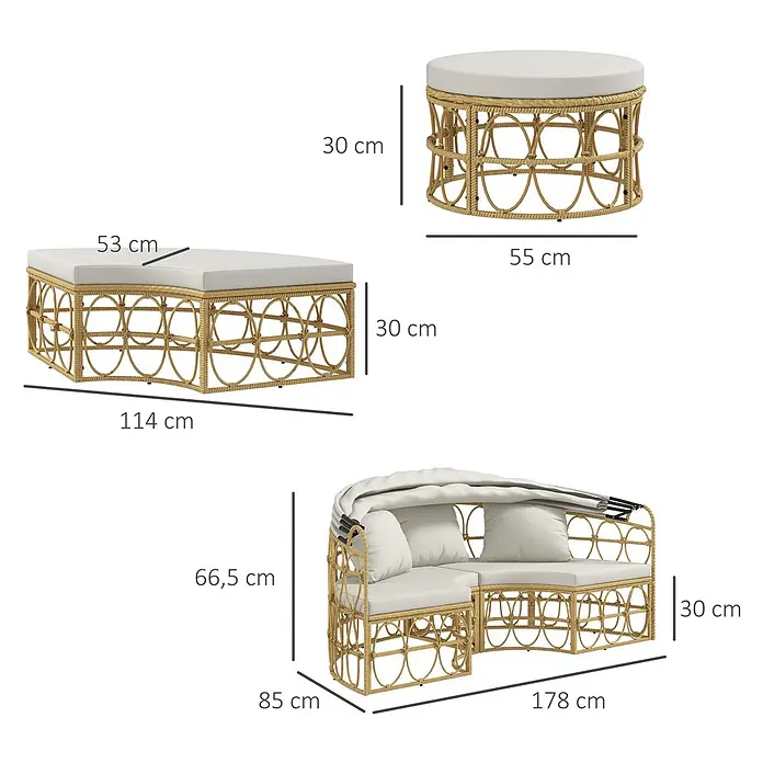 Outsunny Lounge-Insel - PE, Verzinkter Stahl, Polyester, Schaumstoff, Gelb, Cremeweiß - Set aus hellbraunen Rattan-Gartenmöbeln mit weißen Kissen: runder Hocker, rechteckiger Tisch und gebogenes Sofa mit Verdeck.