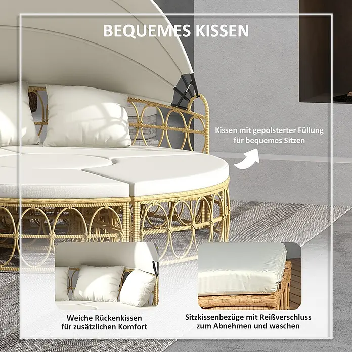 Outsunny Lounge-Insel - PE, Verzinkter Stahl, Polyester, Schaumstoff, Gelb, Cremeweiß - Eine beige Rattan-Tagesliege mit Verdeck und dicken weißen Polstern, mit weichen Rückenkissen und abnehmbaren Sitzbezügen.