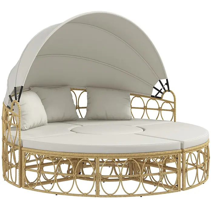 Outsunny Lounge-Insel - PE, Verzinkter Stahl, Polyester, Schaumstoff, Gelb, Cremeweiß - Rundes Outdoor-Tagesbett aus geflochtenem Rattan mit cremefarbenen Kissen und verstellbarem Verdeck.