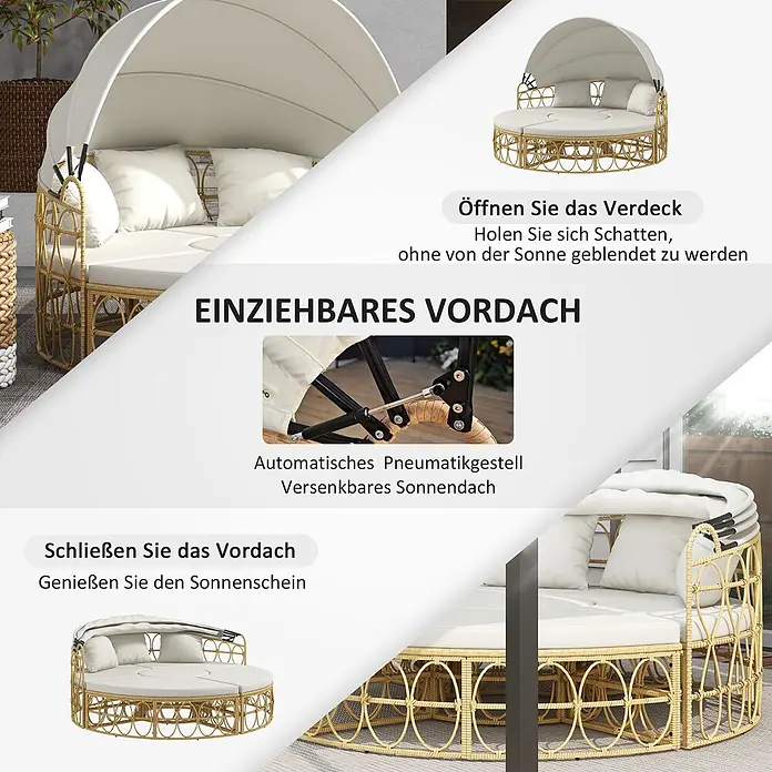 Outsunny Lounge-Insel - PE, Verzinkter Stahl, Polyester, Schaumstoff, Gelb, Cremeweiß - Rundes Lounge-Daybed mit beigefarbenem Rattan-Look, weißen Polstern und einem automatischen, ausziehbaren weißen Verdeck.
