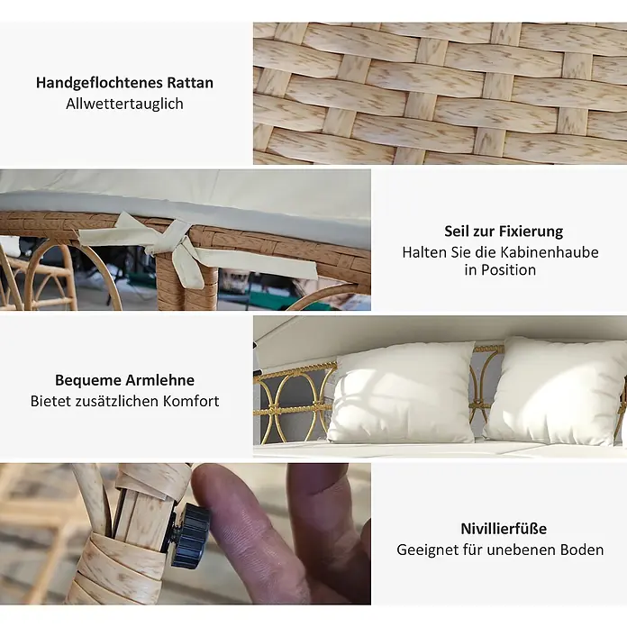 Outsunny Lounge-Insel - PE, Verzinkter Stahl, Polyester, Schaumstoff, Gelb, Cremeweiß - Nahaufnahmen von hellbeigem Rattanmöbeln, die handgeflochtenes Material, Befestigungsseile, bequeme Kissen und Nivellierfüße zeigen.
