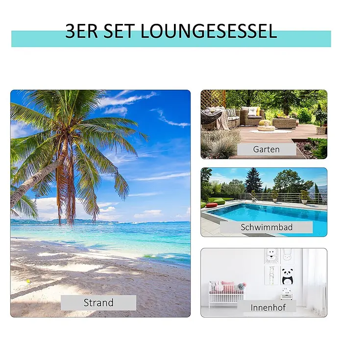 Outsunny Gartenliegen-Set - B x T: 169 x 169 cm, Grau, Schwarz, Metall - Dreiteiliges Loungesessel-Set, ideal für Garten und Außenbereiche.