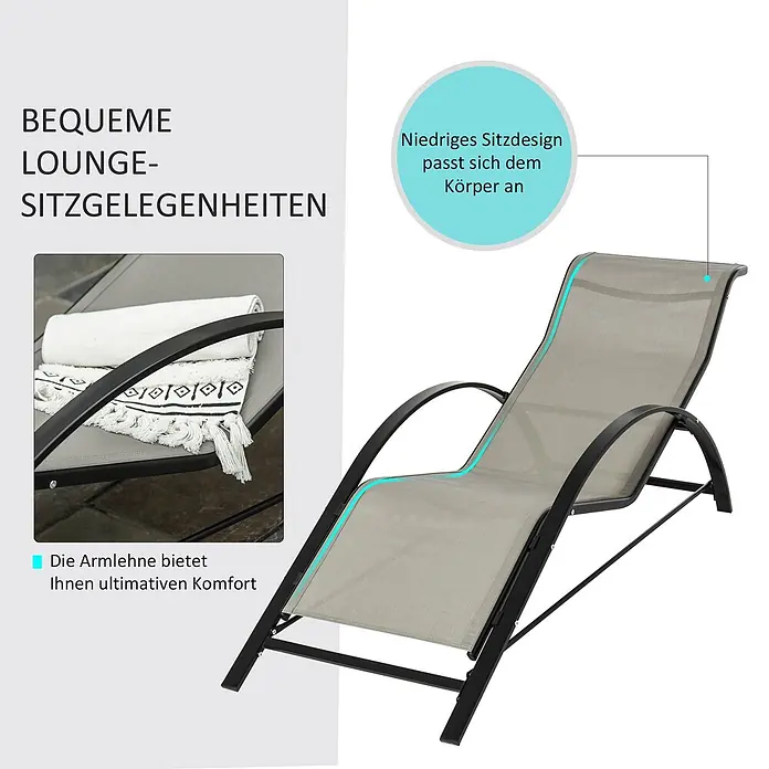Outsunny Gartenliegen-Set - B x T: 169 x 169 cm, Grau, Schwarz, Metall - Graue Lounge-Liege mit schwarzem Metallrahmen und Armlehnen, ergonomisch geformt für Komfort.