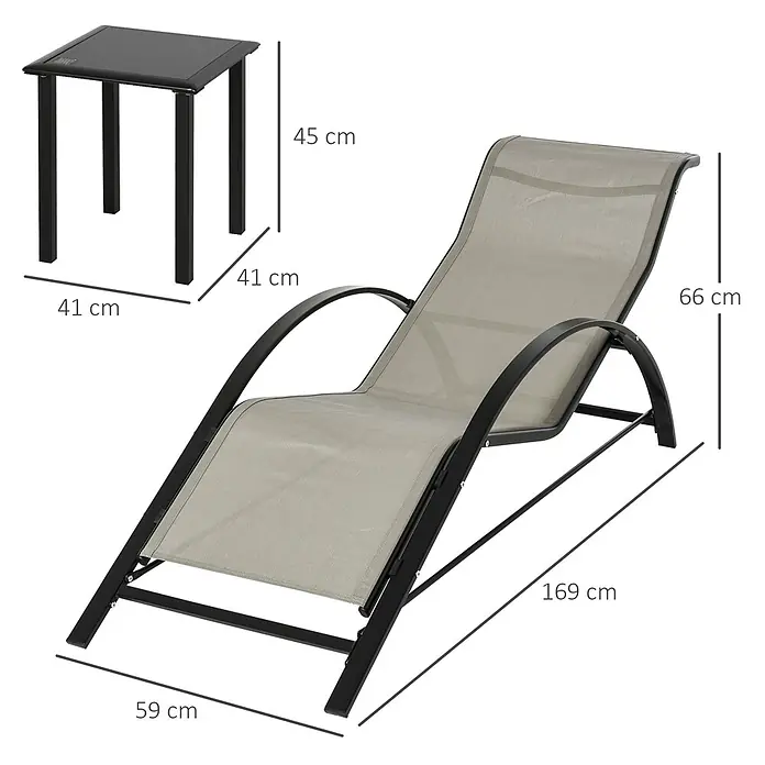 Outsunny Gartenliegen-Set - B x T: 169 x 169 cm, Grau, Schwarz, Metall - Schwarzgestellte Gartenliege mit hellgrauem Netzstoff und passendem schwarzen Beistelltisch.