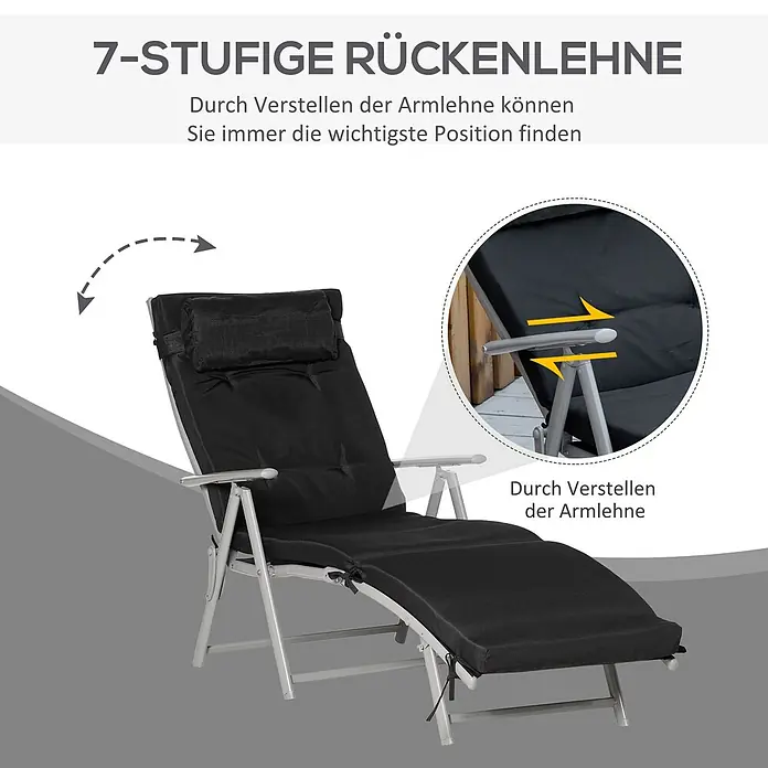 Outsunny Gartenliege - Schwarz, Metall, Rückenlehne verstellbar - Schwarzer Liegestuhl mit hellgrauem Gestell, zeigt die 7-stufig verstellbare Rückenlehne über die Armlehne für optimalen Komfort.