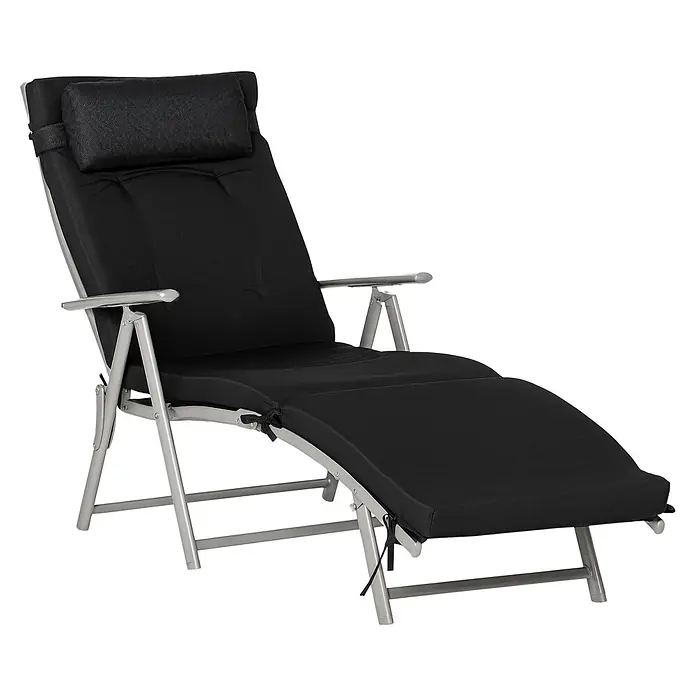 Outsunny Gartenliege - Schwarz, Metall, Rückenlehne verstellbar - Schwarz gepolsterte Klappliege mit silber-grauem Metallgestell und Kopfstütze.