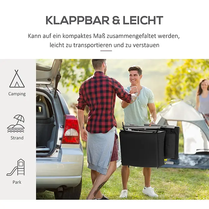 Outsunny Gartenliege - Schwarz, Metall, Rückenlehne verstellbar - Mann trägt einen schwarz-grauen Klappcampingtisch, was sein kompaktes Design für den einfachen Transport zu Outdoor-Aktivitäten hervorhebt.