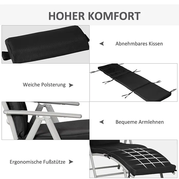 Outsunny Gartenliege - Schwarz, Metall, Rückenlehne verstellbar - Ansichten eines schwarzen Relaxsessels: abnehmbares Kissen, weiche Polsterung, Armlehnen und ergonomische Fußstütze.