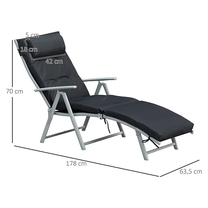Outsunny Gartenliege - Schwarz, Metall, Rückenlehne verstellbar - Bequemer, dunkelgrau gepolsterter Liegestuhl mit hellgrauem Metallrahmen, detailliert mit seinen Gesamtmaßen.