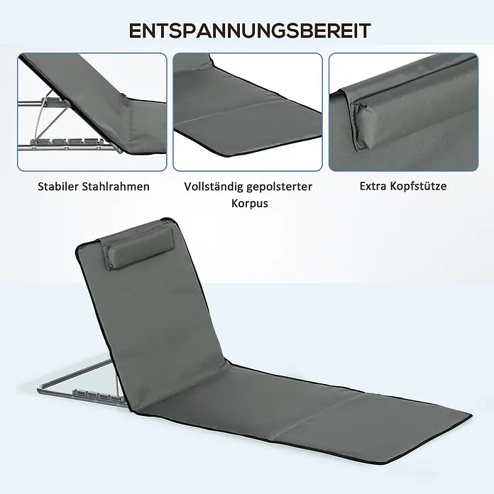 Outsunny Gartenliegen-Set - B x T: 53 x 124 cm, Grau, Stahl, Klappbar - Grau gepolsterte Liegematte mit verstellbarem Stahlrahmen und extra Kopfstütze.