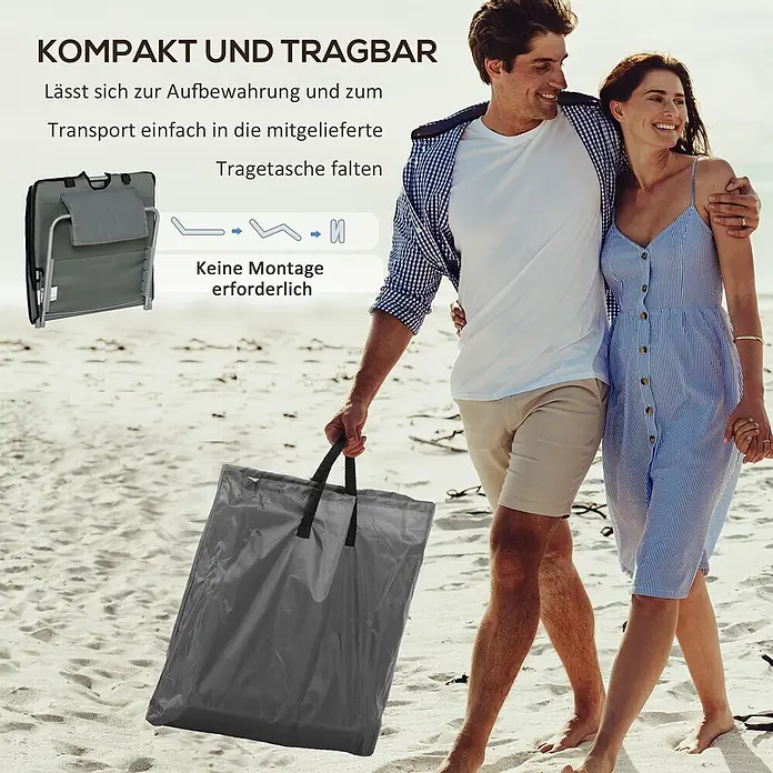 Outsunny Gartenliegen-Set - B x T: 53 x 124 cm, Grau, Stahl, Klappbar - Faltstuhl in grauer Tragetasche, am Strand getragen. Leicht faltbar für Transport und Lagerung.