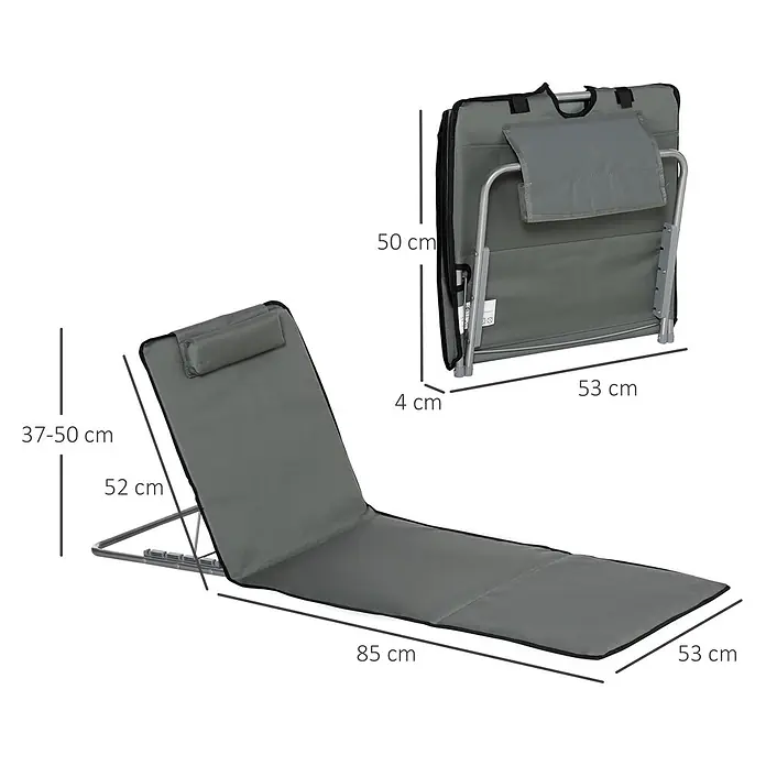 Outsunny Gartenliegen-Set - B x T: 53 x 124 cm, Grau, Stahl, Klappbar - Graue klappbare Strandliege mit verstellbarer Rückenlehne und Kopfstütze, zusammengeklappt und ausgeklappt dargestellt.