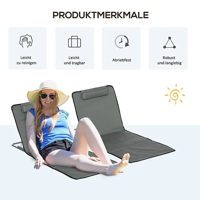 Outsunny Gartenliegen-Set - B x T: 53 x 124 cm, Grau, Stahl, Klappbar - Graue tragbare Strandmatte mit verstellbarer Rückenlehne und Kopfstütze, von einer Frau draußen benutzt.