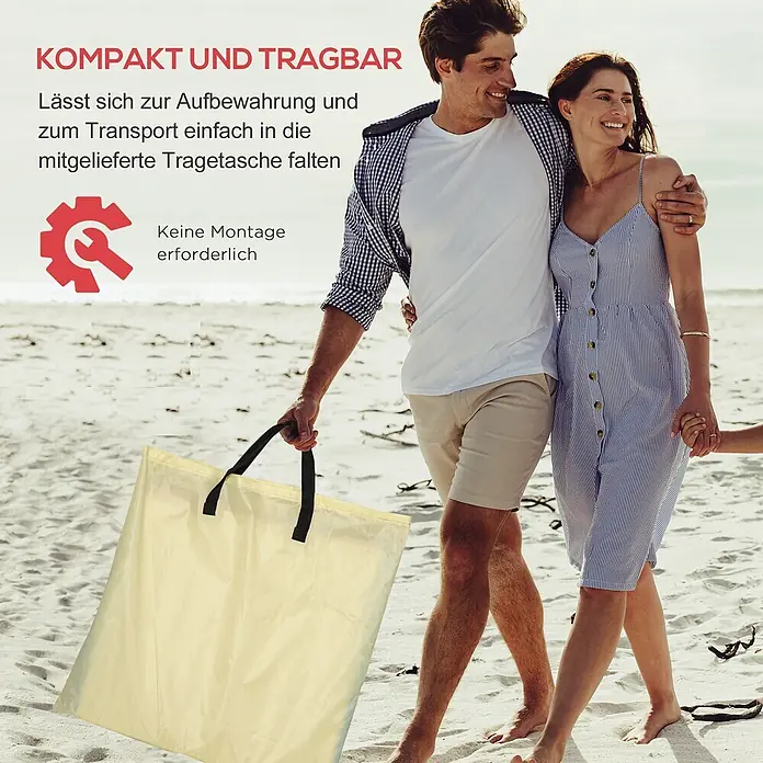 Outsunny Gartenliegen-Set - B x T: 53 x 124 cm, Beige, Stahl, Klappbar - Ein Mann trägt eine hellgelbe, faltbare Stofftasche am Strand, was ihre Portabilität zeigt.