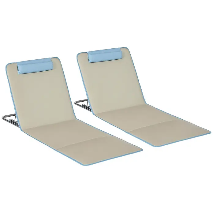 Outsunny Gartenliegen-Set - B x T: 53 x 124 cm, Beige, Stahl, Klappbar - Zwei beige faltbare Strandliegen mit hellblauer Umrandung und verstellbaren Kopfstützen.