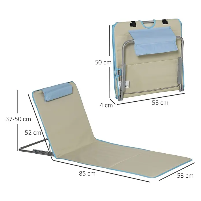 Outsunny Gartenliegen-Set - B x T: 53 x 124 cm, Beige, Stahl, Klappbar - Beige Strandmatte mit hellblauer Umrandung und Kissen, ausgeklappt (85x53 cm) und zusammengeklappt (50x53x4 cm) mit verstellbarer Rückenlehne.