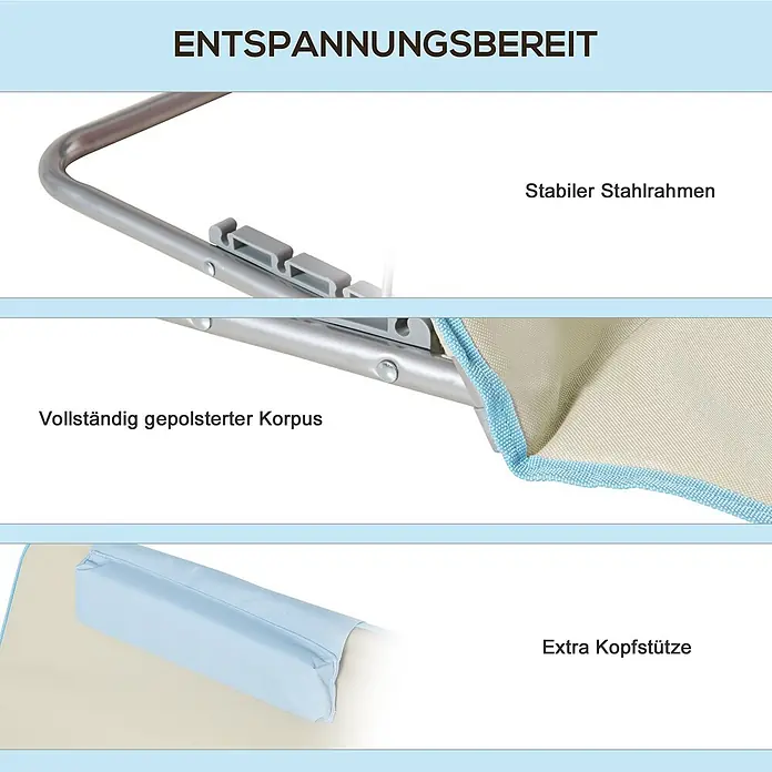Outsunny Gartenliegen-Set - B x T: 53 x 124 cm, Beige, Stahl, Klappbar - Relaxliege mit stabilem Stahlrahmen, beigefarbenem, gepolstertem Stoffbezug und hellblauer Kopfstütze.