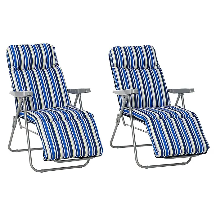 Outsunny Gartenliegen-Set - B x T: 75 x 75 cm, Blau, Polyester, Klappbar - Zwei gestreifte Liegestühle mit blau, weiß und gelb gepolsterten Auflagen und grauen Metallrahmen.