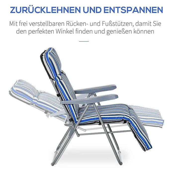 Outsunny Gartenliegen-Set - B x T: 75 x 75 cm, Blau, Polyester, Klappbar - Gestreifter Liegestuhl mit blau-weiß-grün-schwarzen Polstern und grauem Gestell, in verstellbarer Liegeposition dargestellt.