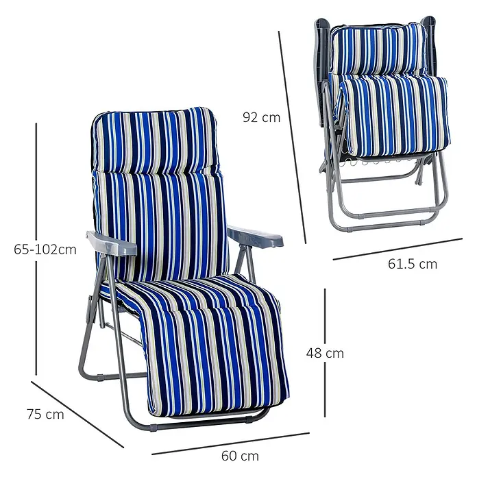 Outsunny Gartenliegen-Set - B x T: 75 x 75 cm, Blau, Polyester, Klappbar - Gestreifter (blau, weiß, grau, grün) Klappliegestuhl mit grauem Rahmen und Maßen.