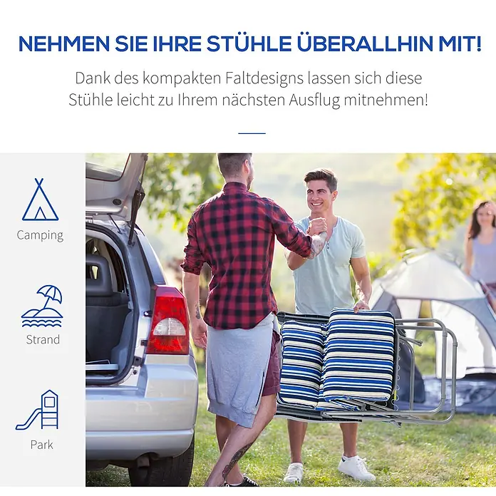 Outsunny Gartenliegen-Set - B x T: 75 x 75 cm, Blau, Polyester, Klappbar - Faltbare Stühle mit blau-weiß gestreiften Polstern werden für Camping, Strand oder Park in ein Auto geladen.