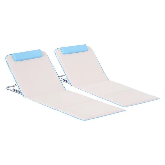 Outsunny Gartenliegen-Set - B x T: 48 x 134 cm, Beige, Stahl, Rückenlehne verstellbar - Zwei verstellbare beigefarbene Strandliegen mit blauem Rand und Kopfstützen.
