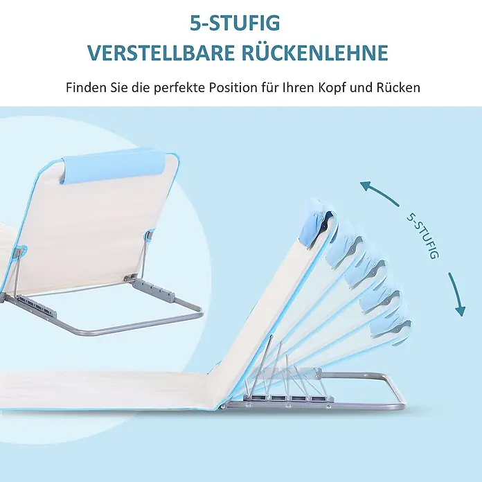 Outsunny Gartenliegen-Set - B x T: 48 x 134 cm, Beige, Stahl, Rückenlehne verstellbar - Blau-weiße verstellbare Rückenlehne, in verschiedenen Positionen gezeigt, bietet 5 Stufen für Kopf- und Rückenstütze.