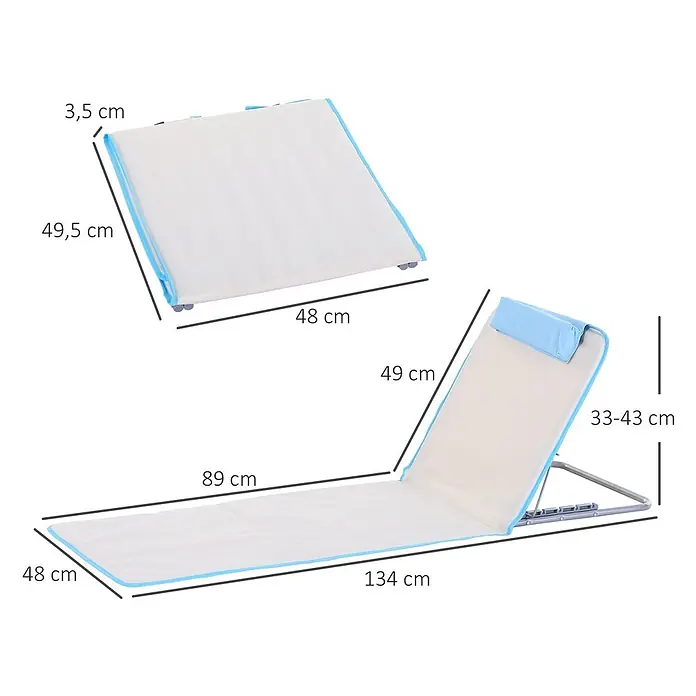 Outsunny Gartenliegen-Set - B x T: 48 x 134 cm, Beige, Stahl, Rückenlehne verstellbar - Klappbare Strandmatte mit verstellbarer Rückenlehne und Kissen, in Weiß und Hellblau.