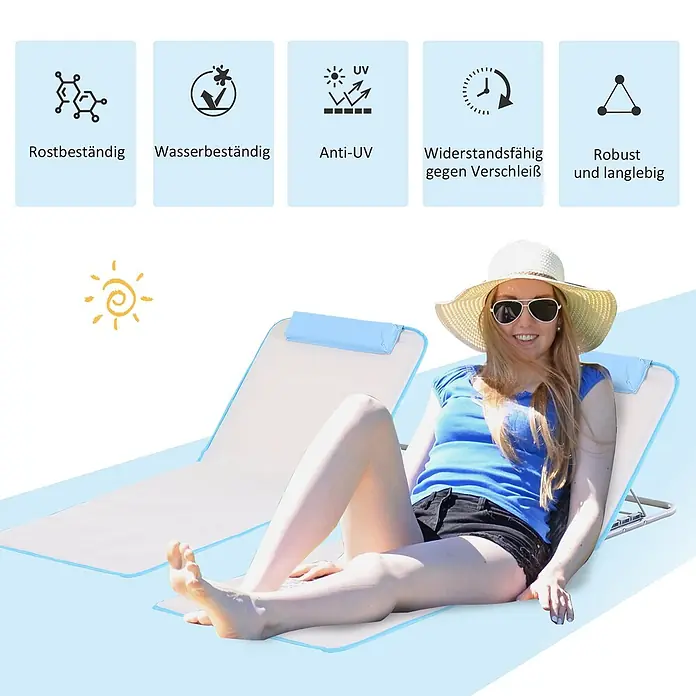 Outsunny Gartenliegen-Set - B x T: 48 x 134 cm, Beige, Stahl, Rückenlehne verstellbar - Frau entspannt auf einer weiß-hellblauen Strandmatte, die rostbeständig, wasserdicht, UV-geschützt und langlebig ist.