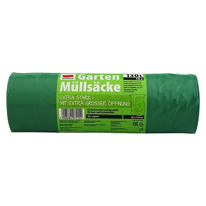 Quickpack Müllbeutel Gartenmüllsack - Fassungsvermögen: 130 l, 10 Stk. - Garten Müllsäcke: Extra starke grüne Abfallsäcke, ideal für Rollcontainer und Gartenabfälle, mit extra großer Öffnung.
