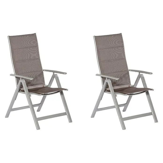 Merxx Gartenstuhl-Set Taviano diamant - 2 Stk., Aluminium/Textil, Klappbar, silber/diamantbraun - Zwei graue Klapp-Gartenstühle mit braunen Netzgewebe-Sitzen und -Rückenlehnen.