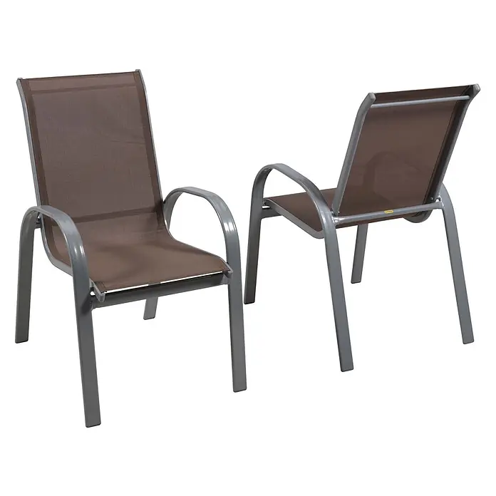 Merxx Gartentisch-Set Amalfi - Gesamtumfang: 7 -tlg., L x B x H: 160 x 81 x 76 cm, Aluminium/Textil, Stapelbar - Zwei Gartenstühle mit grauem Metallrahmen und braunem Textilgewebe.